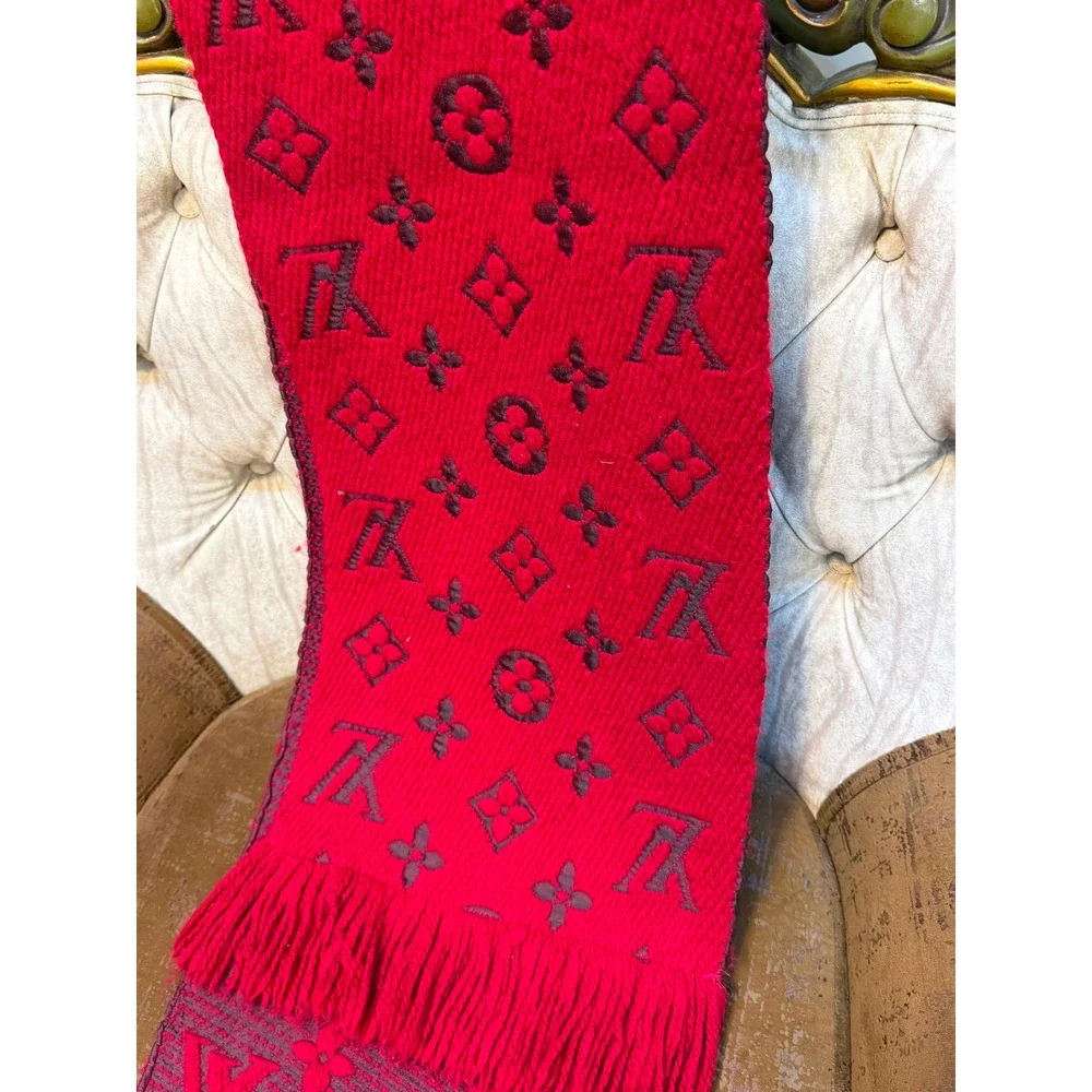 Louis Vuitton Logomania Scarf Ruby Red Purple Silk Wool Monogram Made in Italy